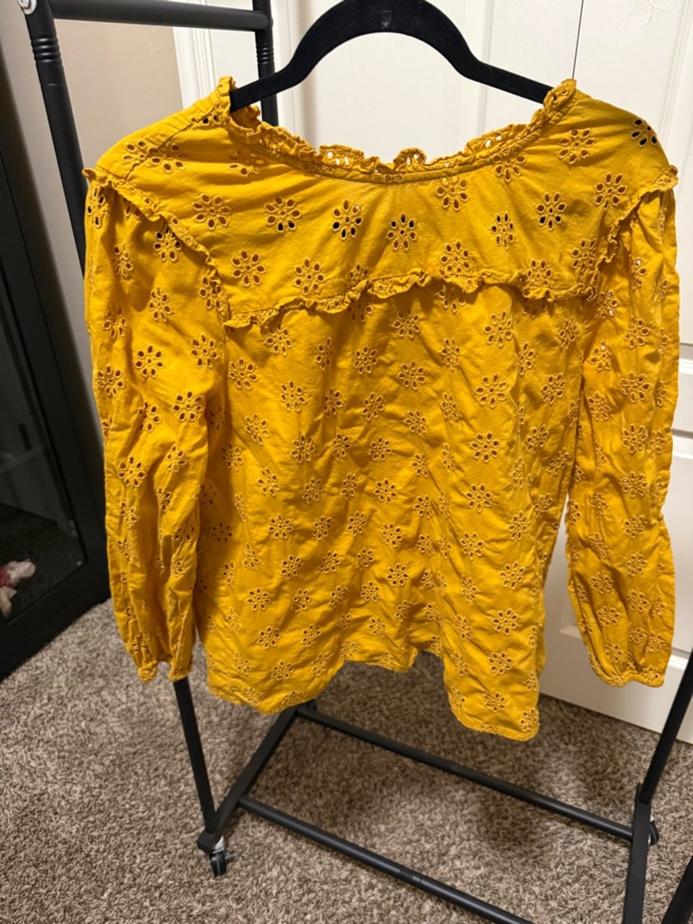 LOFT Mustard Yellow Eyelet Ruffle Long-Sleeve Top